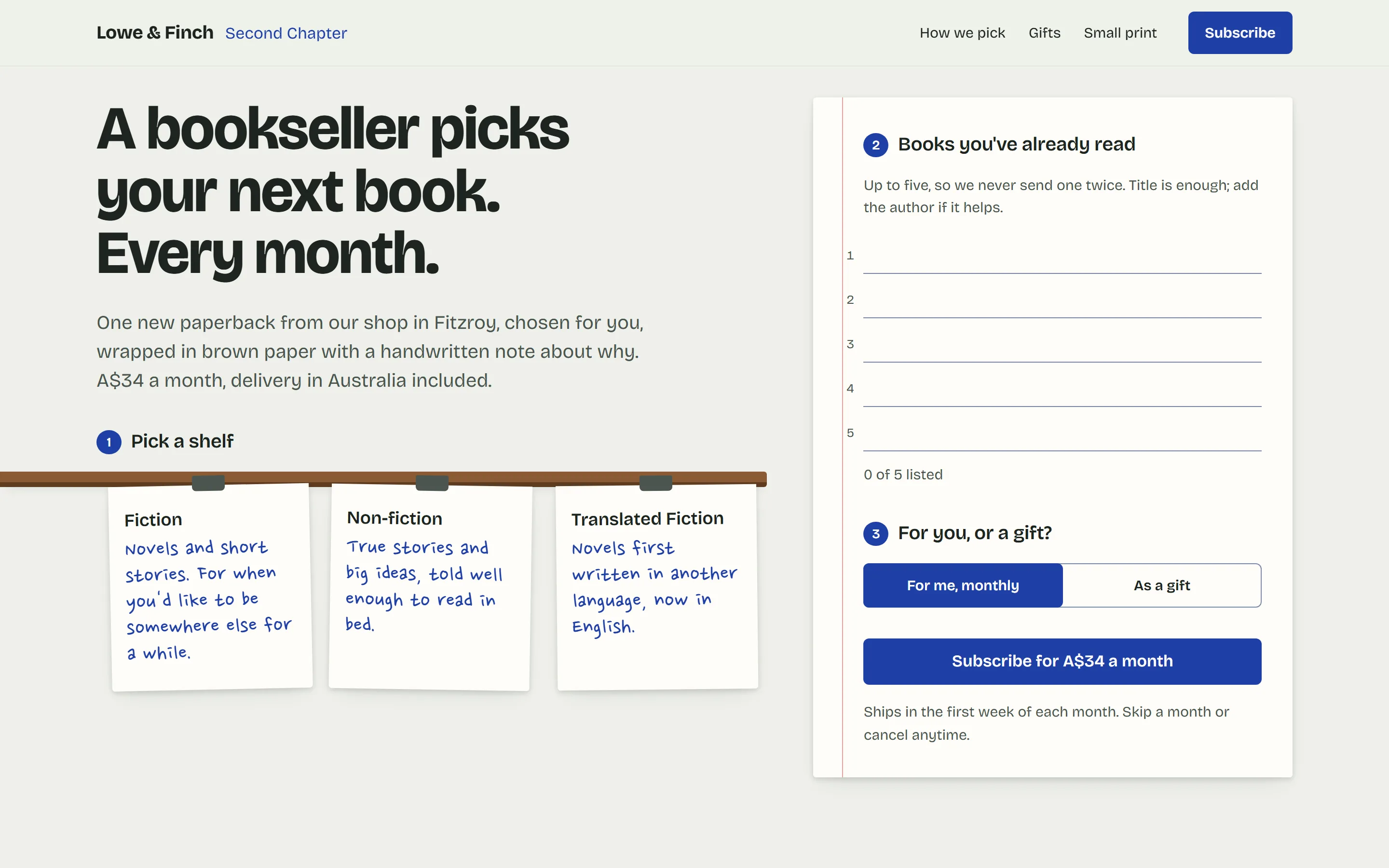 Second Chapter, A bookshop subscription, built as shelf-talker cards