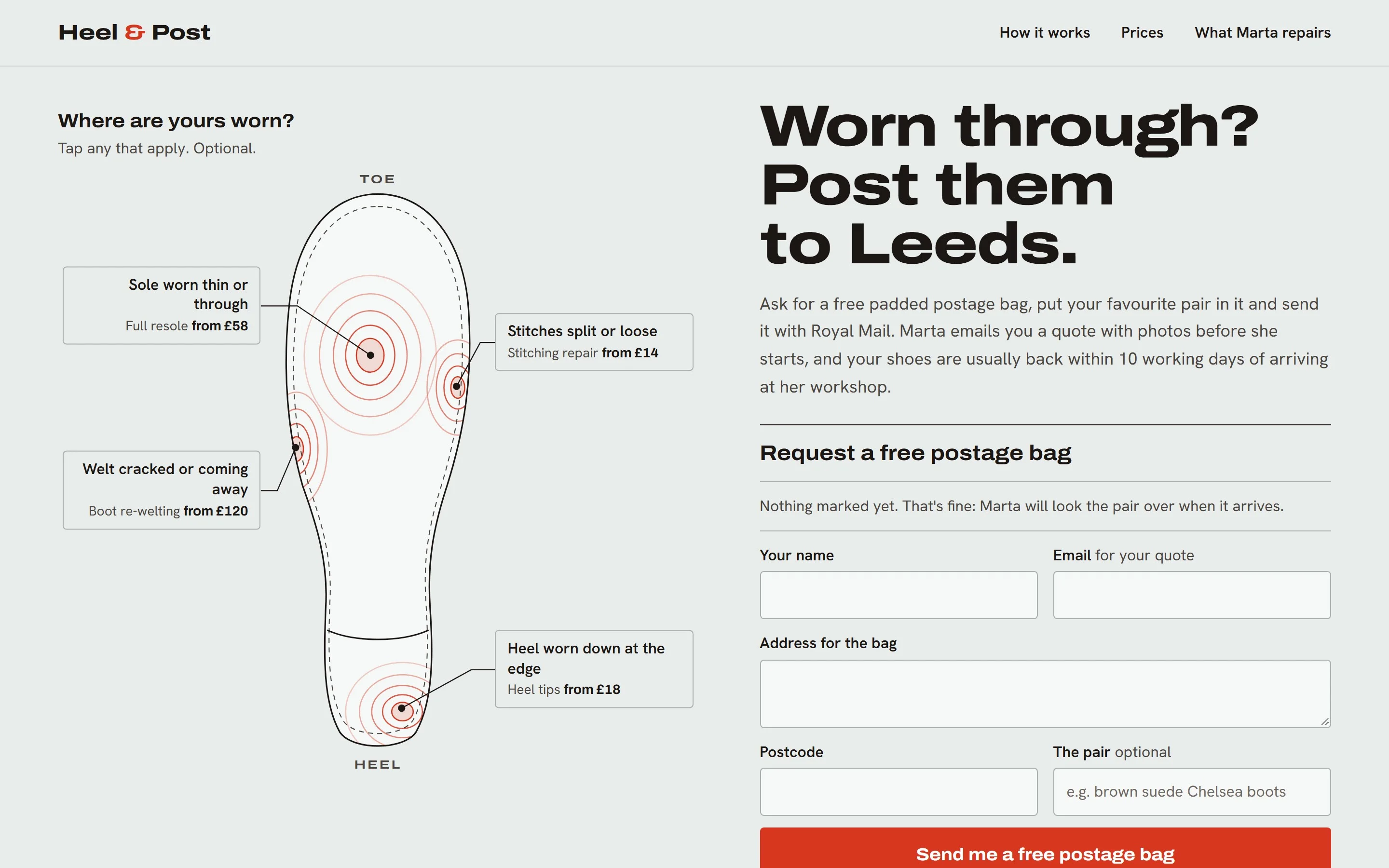 Heel & Post, A mail-in shoe repair, built as a sole wear map