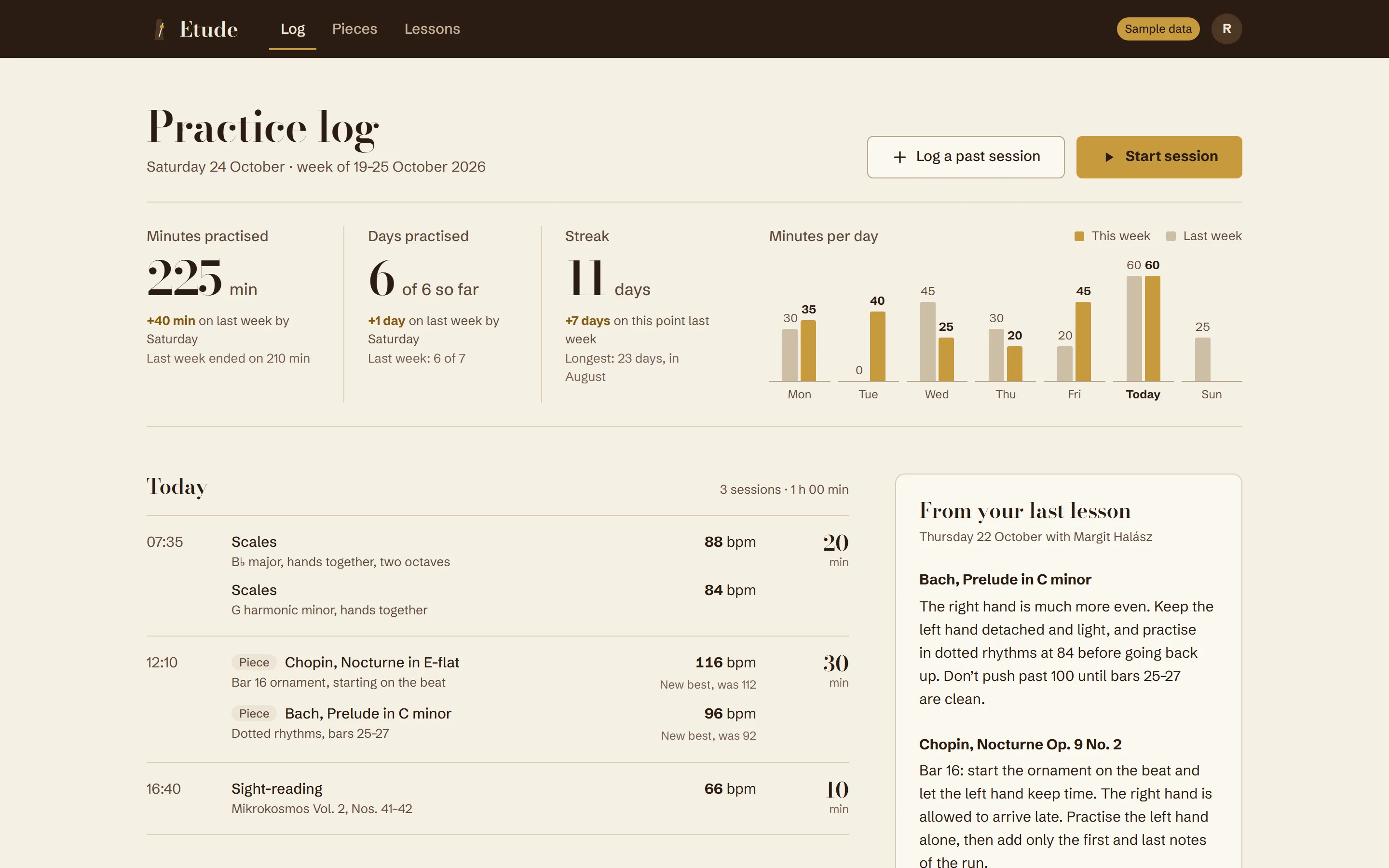Etude, A piano practice log, built as a metronome face