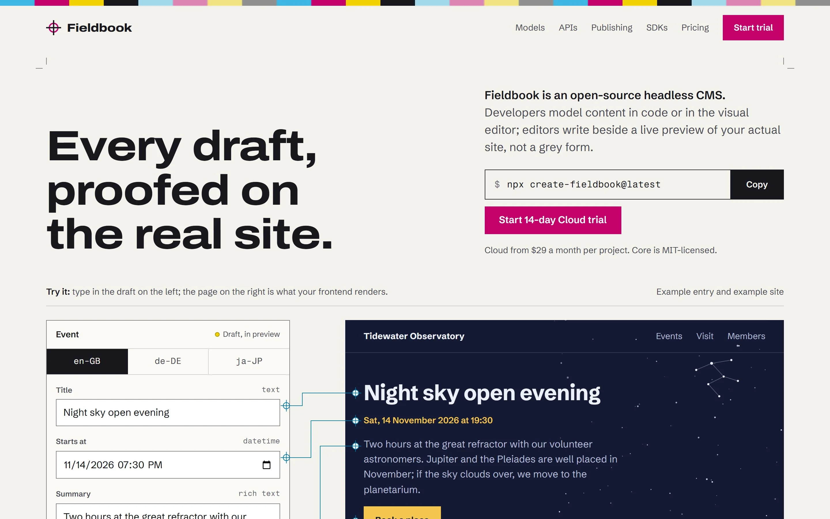 Fieldbook, A headless CMS, built as a printer’s proof sheet