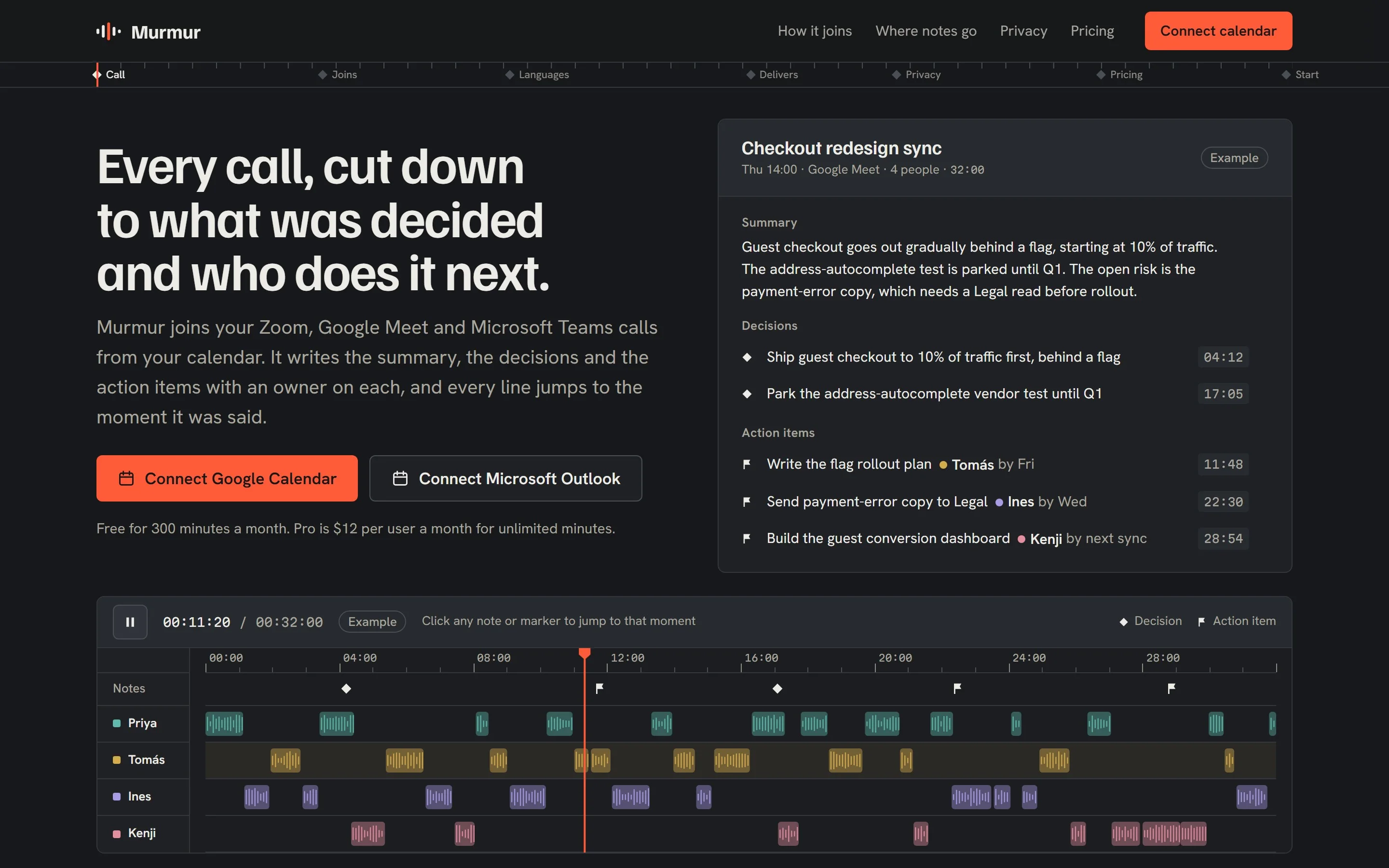 Murmur, AI meeting notes, built as a film edit timeline