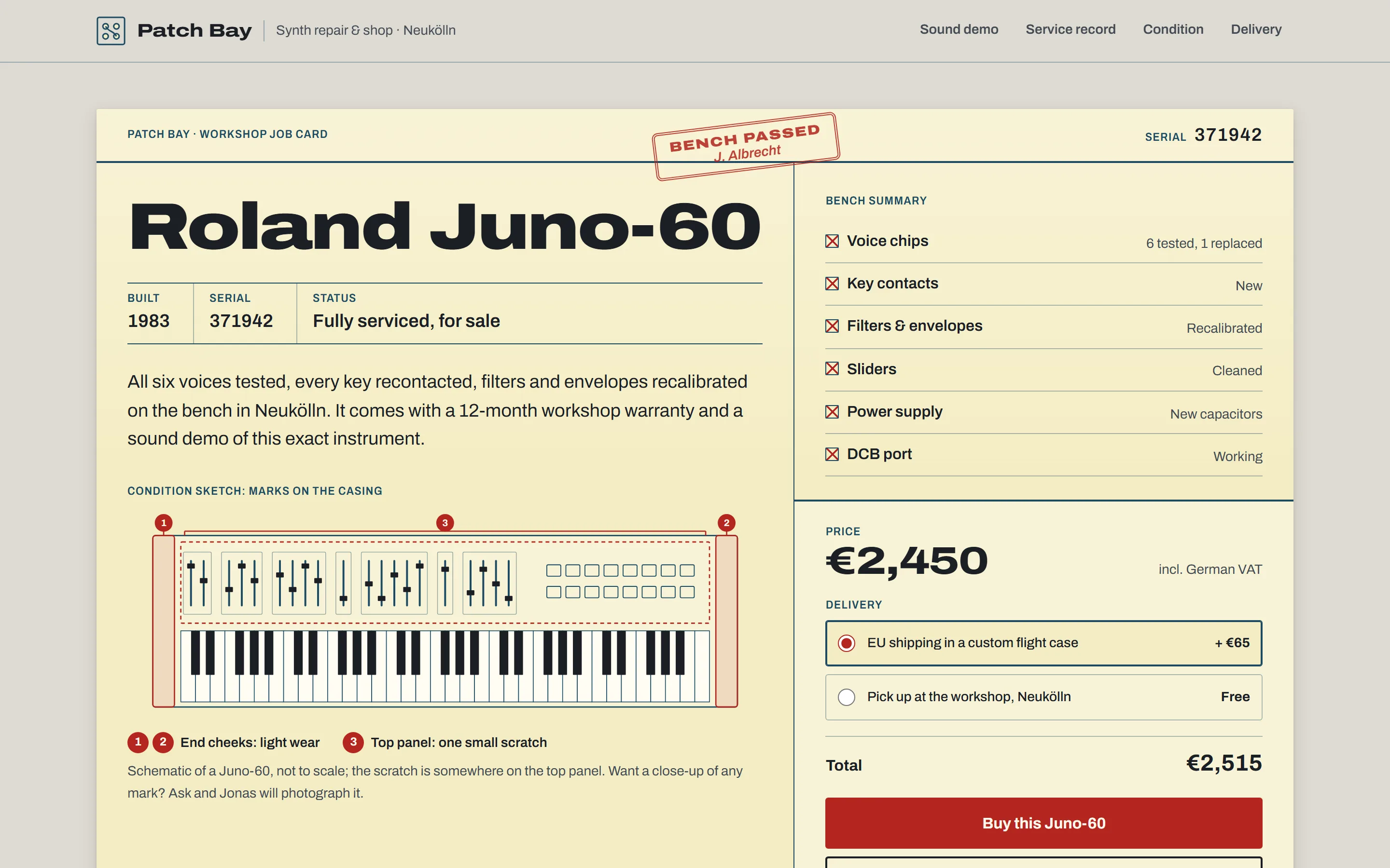 Patch Bay, One serviced Juno-60, built as a workshop job card