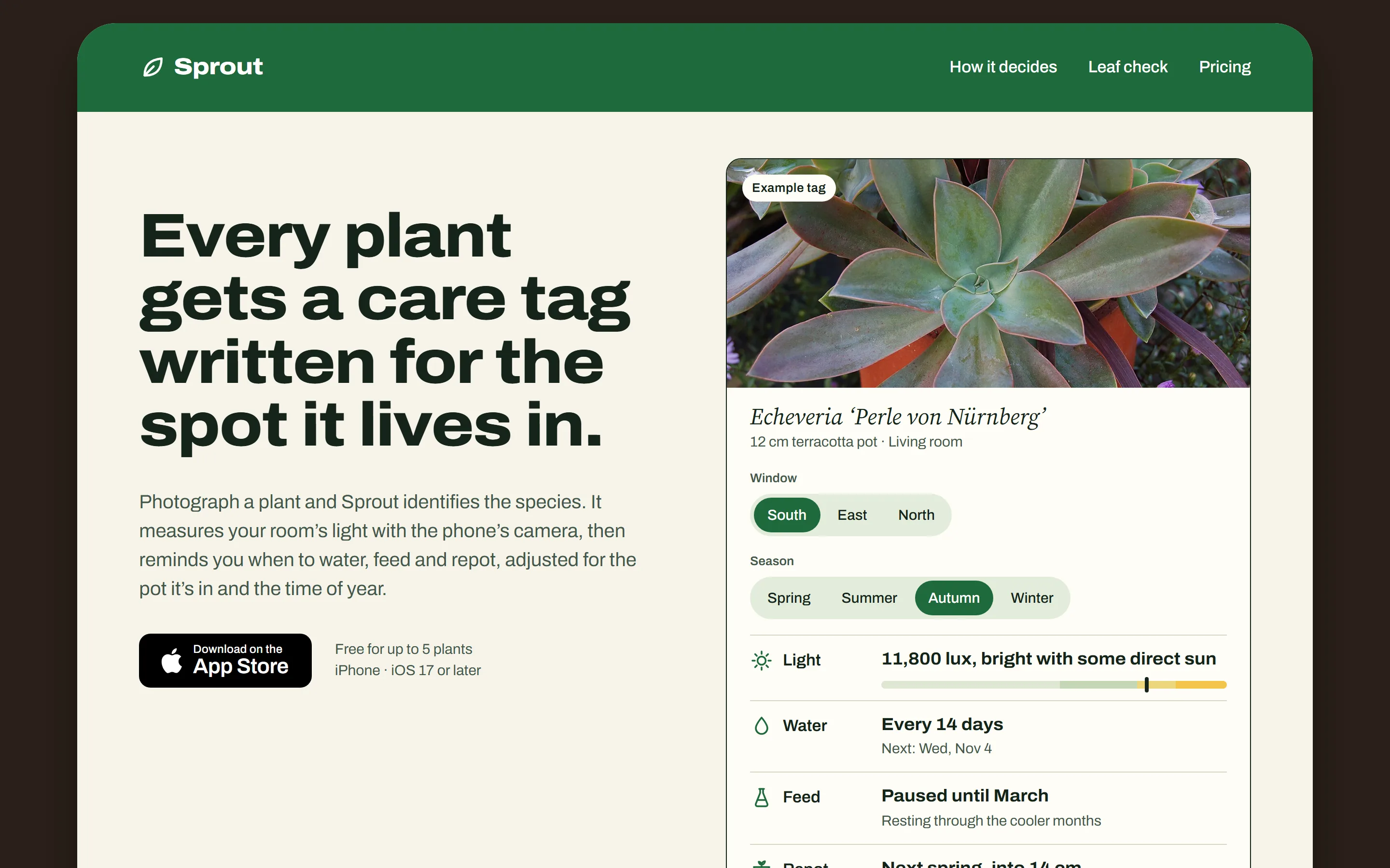 Sprout, A houseplant care app, built as a nursery plant tag